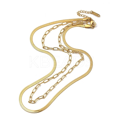 304 Stainless Steel Paperclip & Herringbone Chains Double Layer Necklace for Men Women NJEW-E046-01G-1