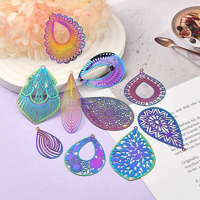 24Pcs 12 Style Ion Plating(IP) 201 Stainless Steel Filigree Pendants STAS-SZ0002-18-1