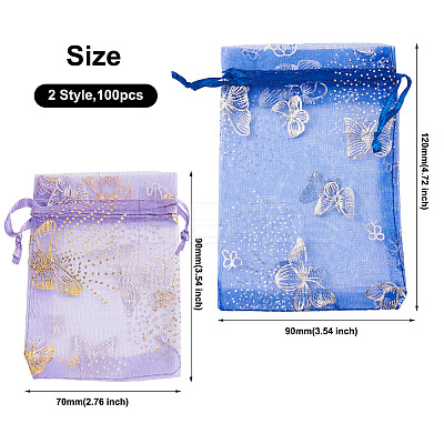 100Pcs 2 Style Gold Stamping Butterfly Rectangle Organza Gift Bags OP-KS0001-01-1