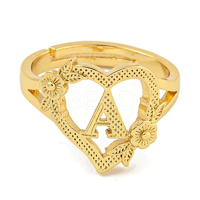 Heart with Letter & Flower Rack Plating Brass Adjustable Rings for Women RJEW-I105-05G-A-1