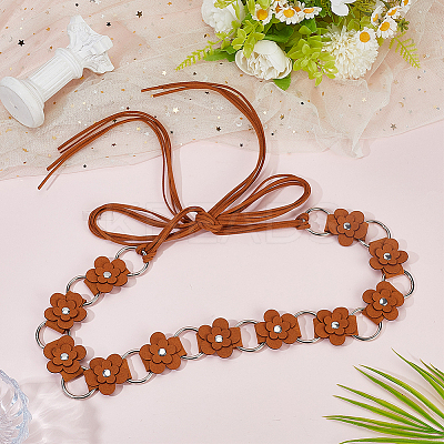 1Pc Imitation Leather Flower Brass Ring Link Chain Waist Belly Chains Belts for Women AJEW-CL0001-49C-1