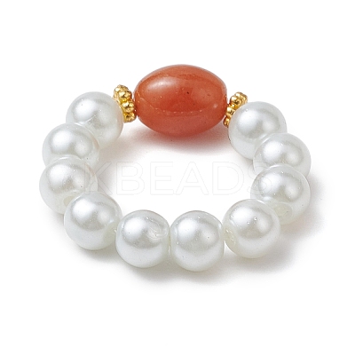 Oval Synthetic Turquoise & Natural Red Aventurine & Aquamarine Beaded Finger Rings RJEW-JR00768-1