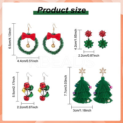 4 Pairs 4 Style Christmas Theme Bell & Bowknot Alloy Dangle Earrings EJEW-AN0001-98-1