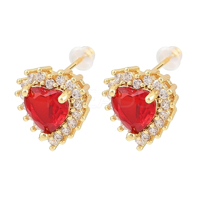 Heart Brass Micro Pave Cubic Zirconia Stud Earrings EJEW-K325-02G-1
