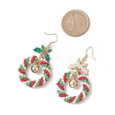 Christmas Wreath Glass Seed Beaded Dangle Earrings EJEW-TA00685-1
