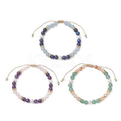 3Pcs Natural Mixed Gemstone & Shell Pearl Round Beaded Braided Bead Bracelets BJEW-JB13392-1