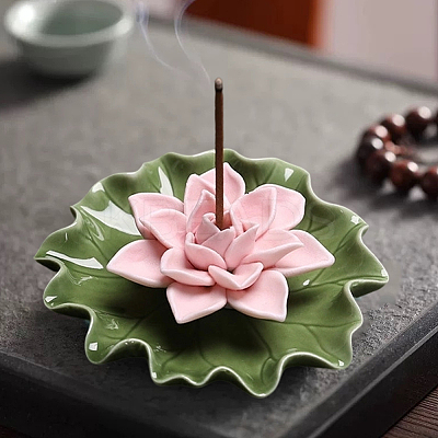 Lotus Leaf & Lotus Flower Porcelain Incense Burners DJEW-CN0001-38C-1
