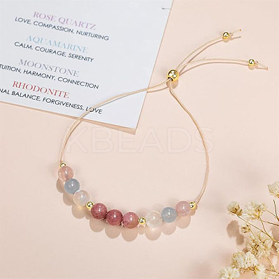 Adjustable Natural Rose Quartz & Aquamarine & Moonstone & Rhodonite Round Beaded Slider Bracelets for Healthy Pregnancy Gift FS-WG14B1D-01-1