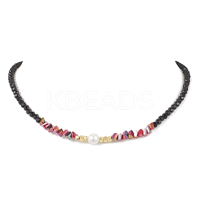 Shell Pearl & Faceted Round Black Glass Beaded Necklaces NJEW-JN05455-1