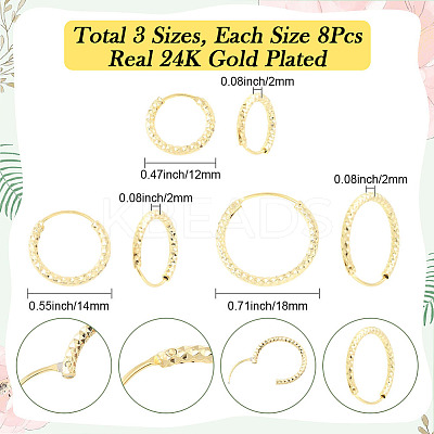 24Pcs 3 Styles Brass Textured Hoop Earrings EJEW-SC0010-89G-1