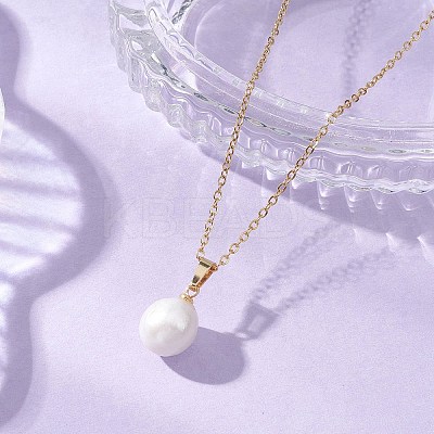 Natural Baroque Pearl Keshi Pearl Round Pendant 304 Stainless Steel Cable Chain Necklaces NJEW-JN05893-1