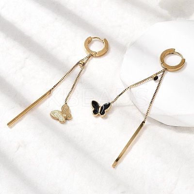 304 Stainless Steel Enamel Butterfly Tassel Hoop Earrings EJEW-G453-10G-1