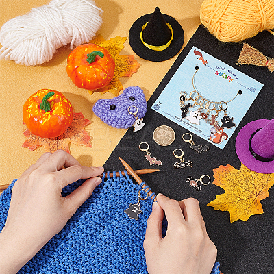 Halloween Theme Alloy Enamel Ghost/Spider/Bat Locking Stitch Markers HJEW-PH01788-1