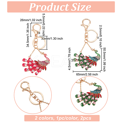 2Pcs 2 Colors Peacock Enamel Style Alloy Rhinestone Keychains KEYC-OC0001-37-1