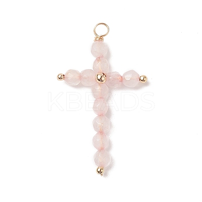 Natural Rose Quartz Faceted Round Copper Wire Wrapped Pendants PALLOY-JF02011-01-1