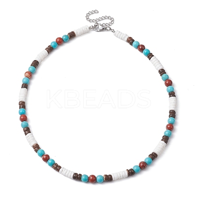 Summer Beach Natural Red Jasper & Synthetic Turquoise & White Shell & Coconut Beaded Necklaces NJEW-JN05012-1
