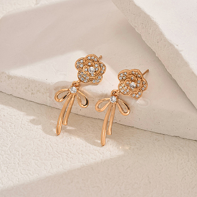 Elegant Brass Pave Clear Cubic Zirconia Flower with Bowknot Stud Earrings OP0904-1
