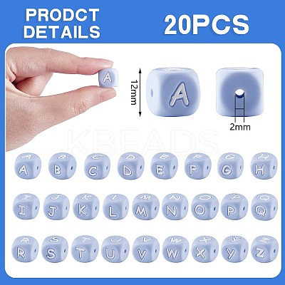 20Pcs Blue Cube Letter Silicone Beads 12x12x12mm Square Dice Alphabet Beads with 2mm Hole Spacer Loose Letter Beads for Bracelet Necklace Jewelry Making JX434A-1