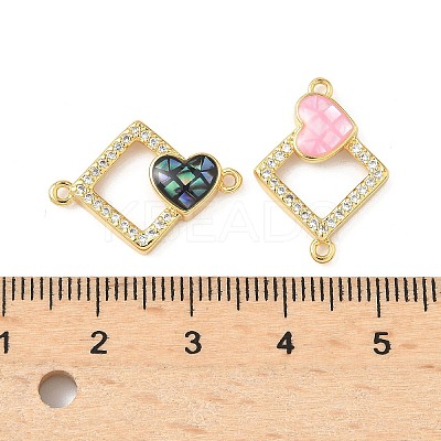 Brass Micro Pave Clear Cubic Zirconia & Shell Rhombus with Heart Connector Charms KK-I357-02G-1