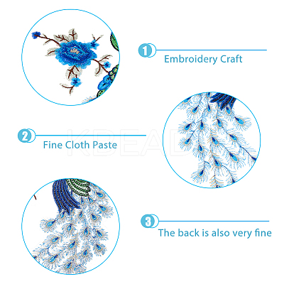 2Pcs 2 Colors Flower and Peacock Pattern Polyester Fabric Computerized Embroidery Cloth Sew on Appliques PATC-NB0001-16A-1
