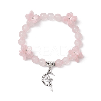 Natural Rose Quartz Round Beaded Charm Bracelets BJEW-TA00615-03-1