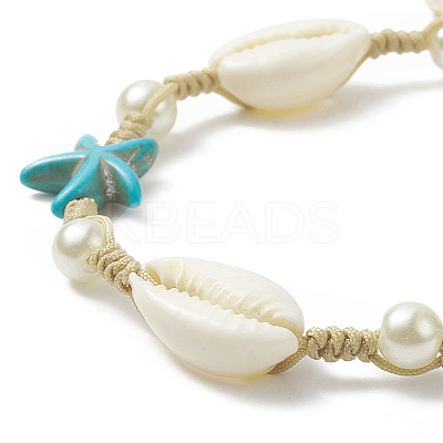 Synthetic Turquoise(Dyed) Starfish & Natural Shell & Glass Pearl Braided Bead Bracelet X-BJEW-TA00218-1