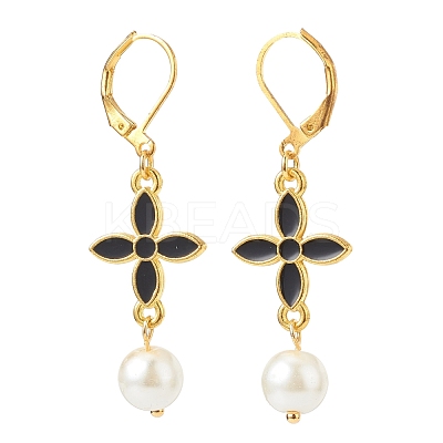 Alloy Enamel Clover with Glass Pearl Long Dangle Leverback Earrings EJEW-JE05053-02-1