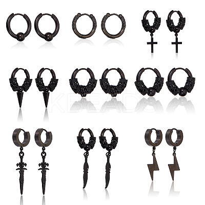 18Pcs 9 Style 304 Stainless Steel Cone & Column Beaded Hoop Earrings EJEW-AN0003-34-1