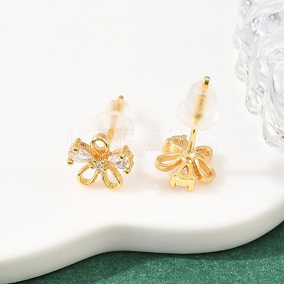 Flower Brass Micro Pave Clear Cubic Zirconia Stud Earrings for Women EJEW-A150-03G-1