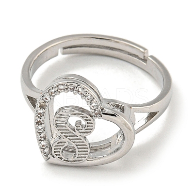 Heart with Letter Rack Plating Brass Micro Pave Cubic Zirconia Adjustable Rings for Women RJEW-I105-06P-S-1