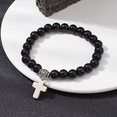 Synthetic Black Stone Round Beaded Stretch Bracelet BJEW-JB09745-02-1