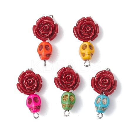 5Pcs 5 Colors Synthetic Coral & Turquoise Dyed Flower Skull Connector Charms PALLOY-JF02783-1