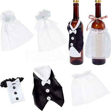 2 Sets 2 Style Organza & Cloth Bride and Groom Wine Bottle Cover AJEW-CA0002-44-1
