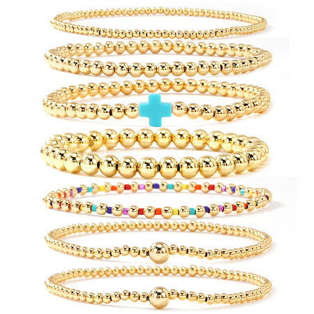 7Pcs Brass Round Beaded Bracelets for Women SB9067-11-1