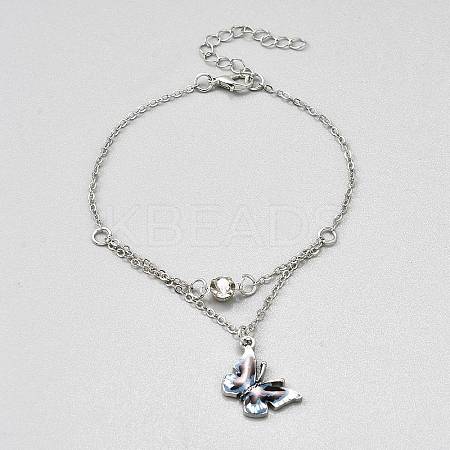 Iron and Alloy Enamel Butterfly Anklets for Women AJEW-WH0455-109P-02-1