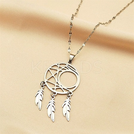 Non-Tarnish Woven Net/Web with Feather 201 Stainless Steel Boho Pendant Necklaces for Women NJEW-G087-09P-1
