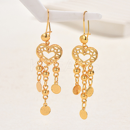 Fashionable and Elegant Gold Plated Brass Coin Heart Tassel Dangle Earrings for Women CC4294-1