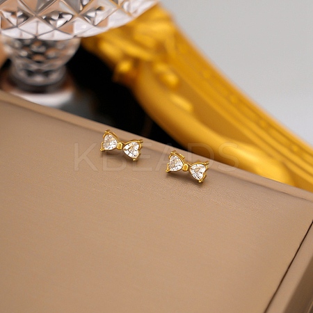 Bowknot 304 Stainless Steel Clear Cubic Zirconia Stud Earrings EJEW-G448-01G-1