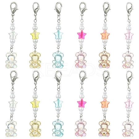 12Pcs 6 Colors Bear Acrylic & ABS Plastic Imitation Pearl Pendant Decorations HJEW-YW00128-1
