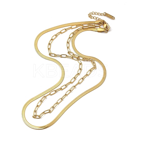304 Stainless Steel Paperclip & Herringbone Chains Double Layer Necklace for Men Women NJEW-E046-01G-1