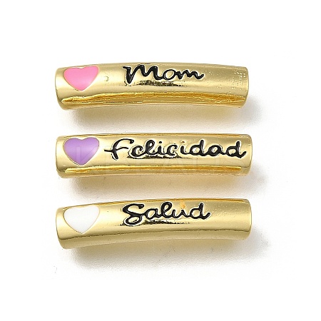 Mother's Day Brass Enamel Heart Word Mom Curved Tube Beads KK-C090-51G-1