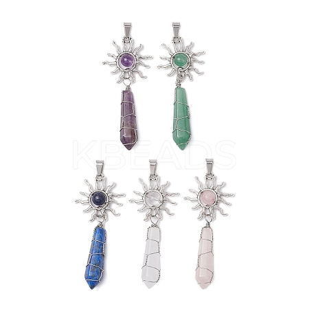 5Pcs Copper Wire Wrapped Natural Lapis Lazuli & Quartz Crystal & Rose Quartz & Green Aventurine & Amethyst Big Pendants PALLOY-JF03640-1