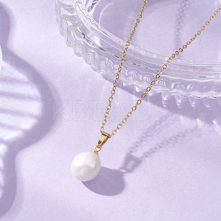 Natural Baroque Pearl Keshi Pearl Round Pendant 304 Stainless Steel Cable Chain Necklaces NJEW-JN05893-1