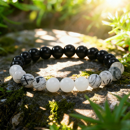 Natural White Jade & Synthetic Non-magnetic Hematite & Glass Round Beads Stretch for Men Women  BP7184-1