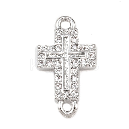 Cross Brass Micro Pave Clear Cubic Zirconia Connector Charms KK-P339-04P-1
