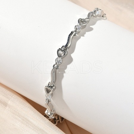 Brass Micro Pave Clear Cubic Zirconia Heart & Twist Link Chain Bracelets for Women BJEW-G764-06P-1