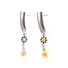 Rectangle with Flower Enamel Long Dangle Stud Earrings EJEW-N049-06A-2
