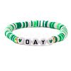 Flat Round with Heart & Word Day Brass & Polymer Clay Heishi Beads Stretch Bracelets for Women BK9964-20-1