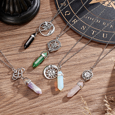 5Pcs 5 Style Glass Imitation Gemstone Bullet Pendant Necklaces Set NJEW-GA0001-04-1