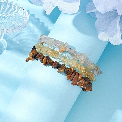 3Pcs Natural Citrine & Natural Tiger Eye & Natural Gold Rutilated Quartz Chip Beaded Stretch Bracelet Sets BJEW-JB10863-1